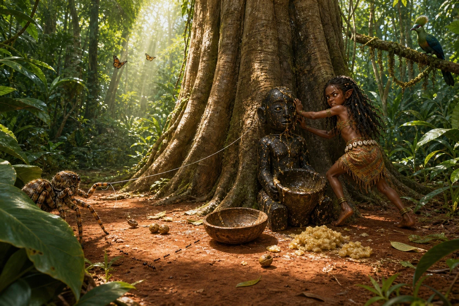 The last was Mmoatia the forest fairy, whom nobody had ever seen. Anansi carved a small wooden doll and covered it all over with the sticky gum of a tree, and…