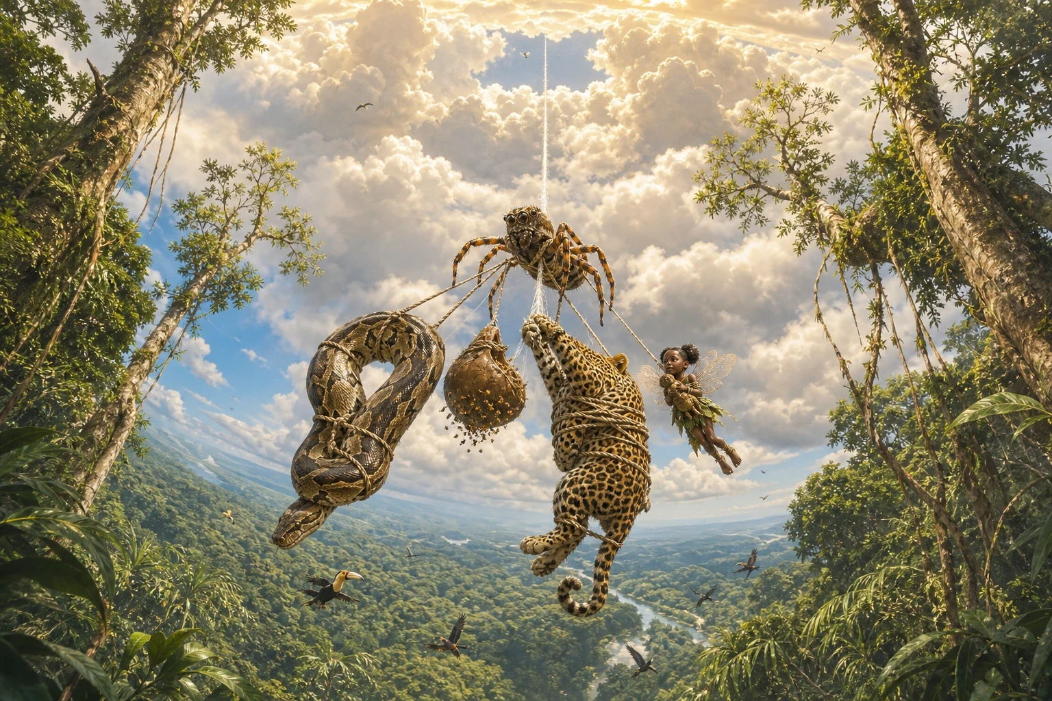 So Anansi went back up his thread, and what he took with him had never been seen going up a thread before: a python longer than a canoe, bound to a palm branch…
