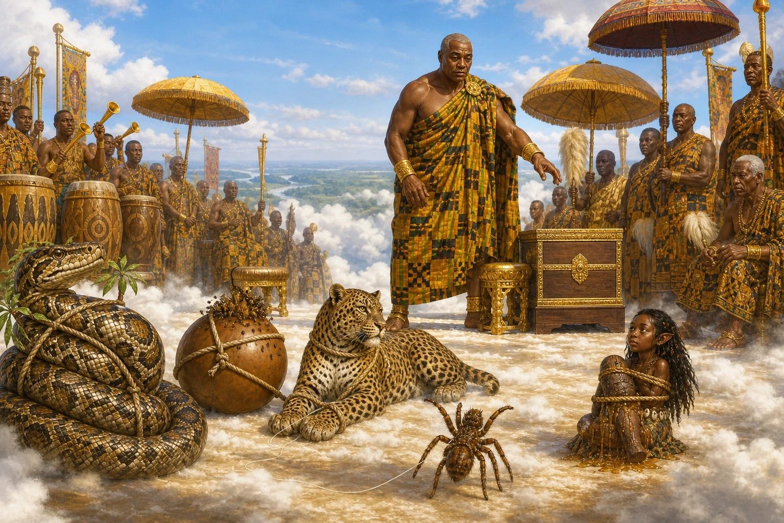 He put them down on the cloud in front of the Sky God's stool, one after another, and named them as he put them down. Onini the python. The Mmoboro hornets.
