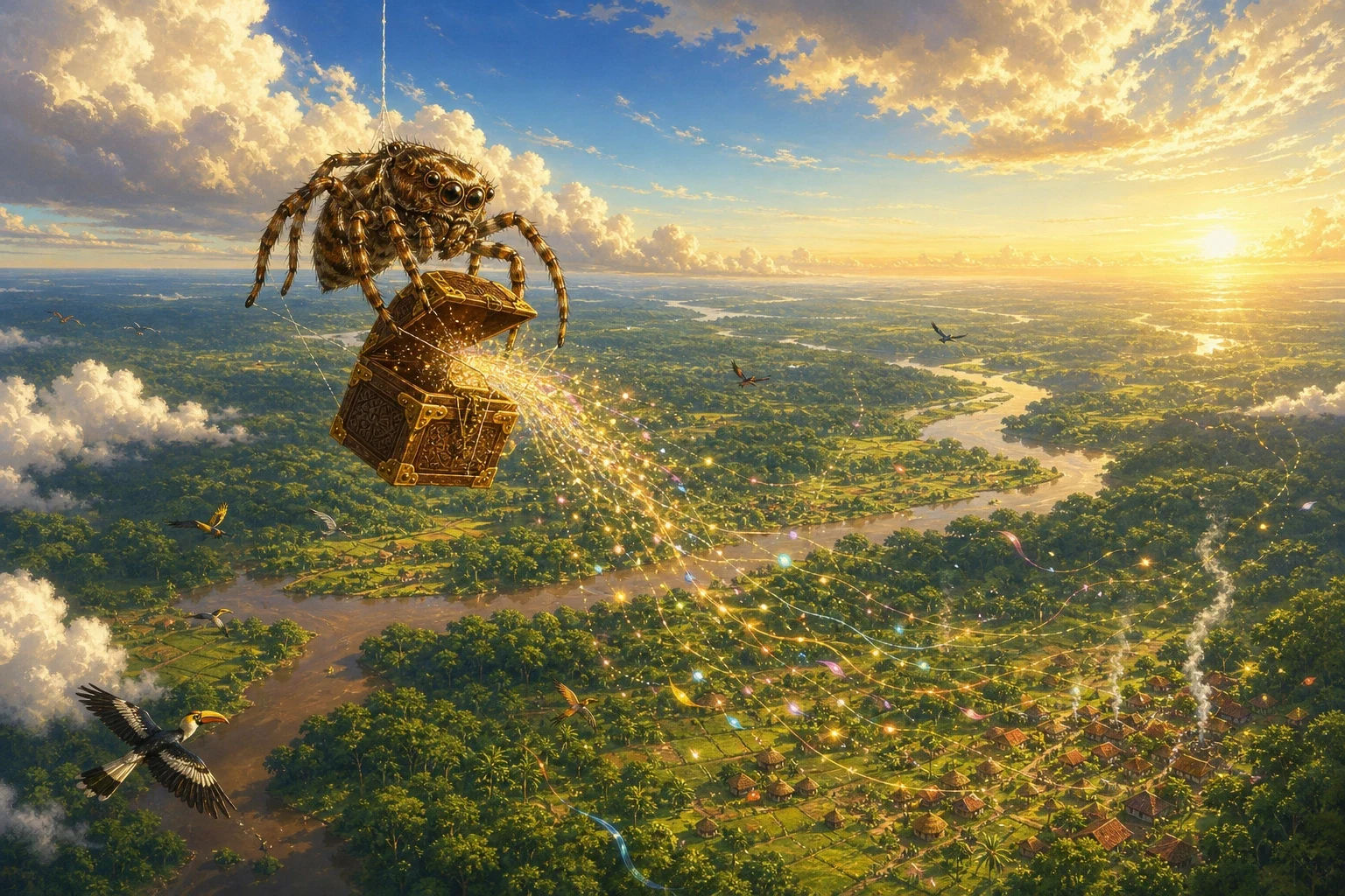 The Sky God gave him the box. Anansi got a line round it and went over the edge of the cloud and started down, and all the way down he could hear the stories…