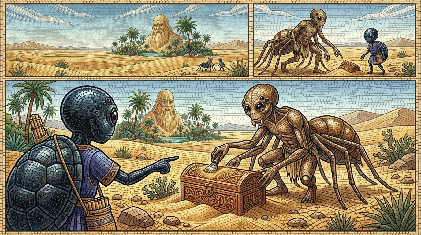 “爸爸，快看！”夸库喘着气说，指着一个半埋在沙子里的小巧精致的木盒子。阿南西的八只眼睛闪烁着好奇的光芒，小心翼翼地拂去沙子。