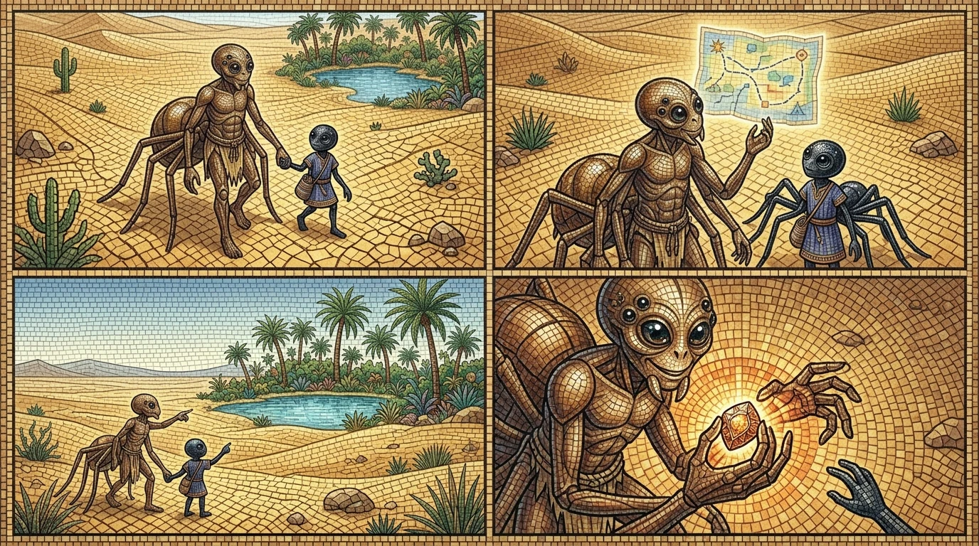 智慧石在阿南西手中温暖地跳动着。一张地图立刻出现在阿南西的脑海中，显示了返回绿洲的路线。阿南西和夸库匆匆赶往绿洲。有了智慧石，他们就能解开任何谜题。