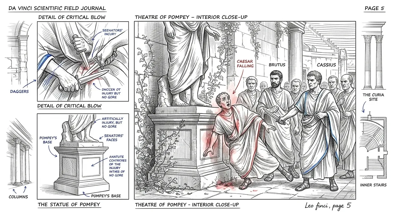 On that fateful day, the senators gathered at the Theatre of Pompey. As Caesar entered, they surrounded him. Cassius struck the first blow. Brutus followed. On that fateful day, the senators gathered at the Theatre of Pompey. As Caesar entered, they surrounded him. Cassius struck the first blow. Brutus followed.