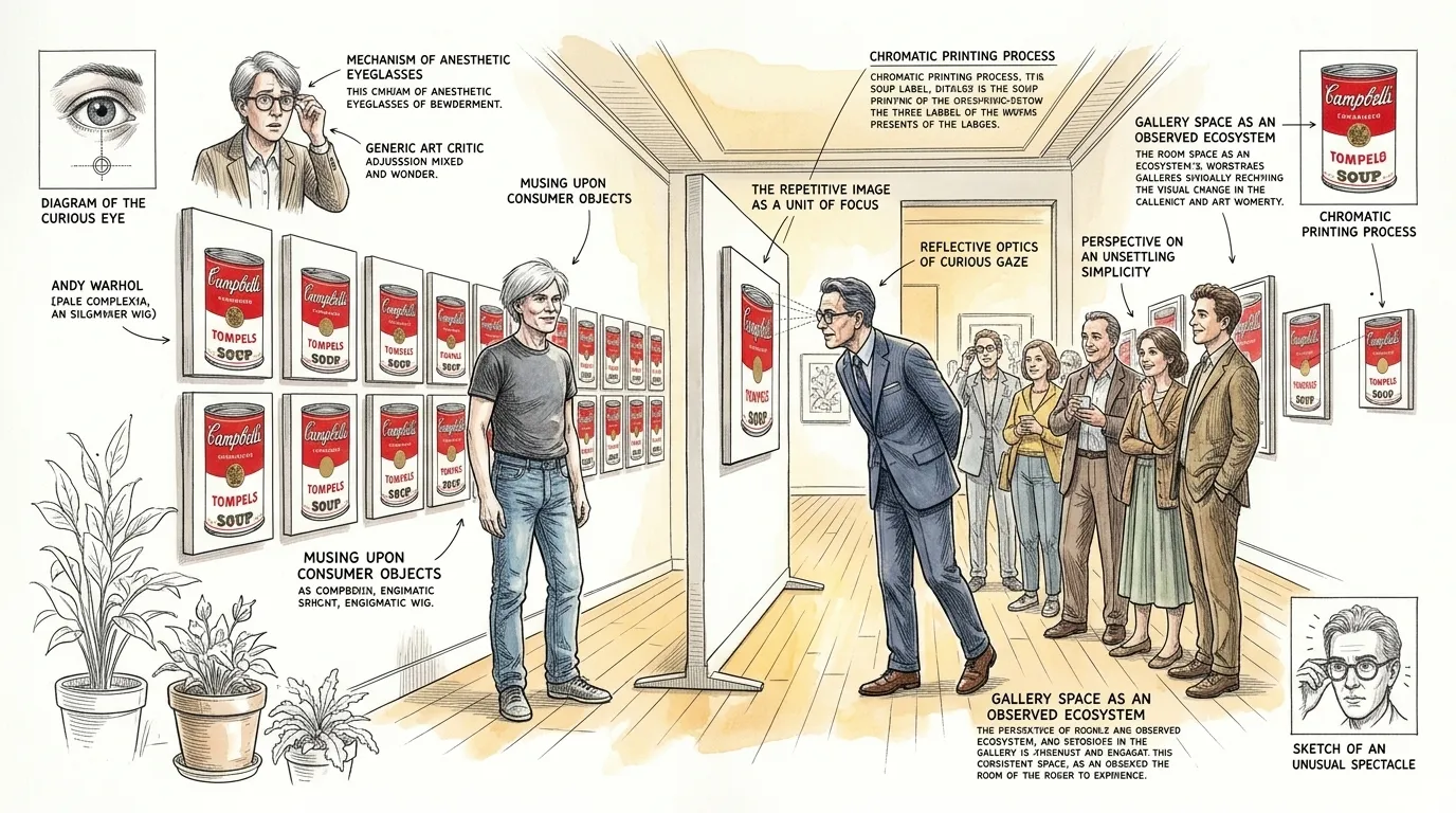 一九六二年七月,在加利福尼亚州洛杉矶的费鲁斯画廊,安迪·沃霍尔展出了三十二幅画布,每幅都描绘了一种不同口味的金宝汤。 一九六二年七月,在加利福尼亚州洛杉矶的费鲁斯画廊,安迪·沃霍尔展出了三十二幅画布,每幅都描绘了一种不同口味的金宝汤。