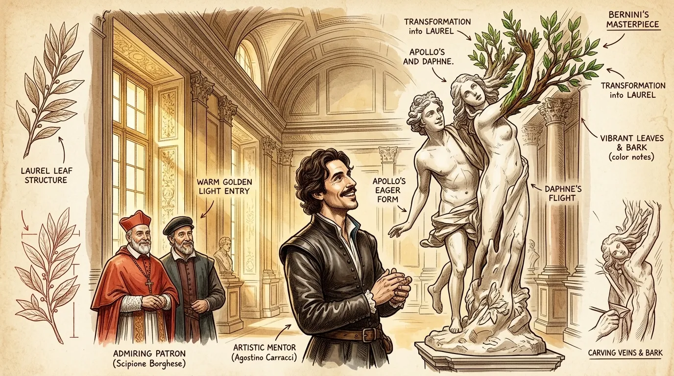 Gian Lorenzo Bernini stands before his masterpiece, Apollo and Daphne, completed in 1625. The sculpture, housed today in the Galleria Borghese in Rome, captures… Gian Lorenzo Bernini stands before his masterpiece, Apollo and Daphne, completed in 1625. The sculpture, housed today in the Galleria Borghese in Rome, captures…