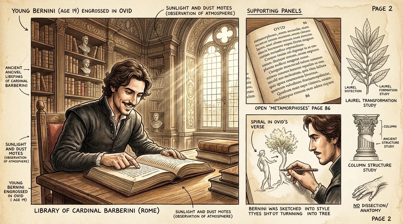 Young Gian Lorenzo pores over a well-worn copy of Ovid's Metamorphoses, his imagination ignited by the vivid tales of gods and mortals. Young Gian Lorenzo pores over a well-worn copy of Ovid's Metamorphoses, his imagination ignited by the vivid tales of gods and mortals.