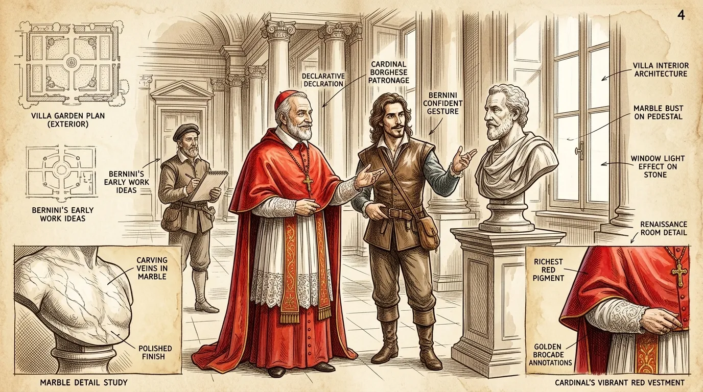 Cardinal Scipione Borghese, a powerful art patron, recognizes Gian Lorenzo's extraordinary talent and commissions a series of sculptures for his villa. Cardinal Scipione Borghese, a powerful art patron, recognizes Gian Lorenzo's extraordinary talent and commissions a series of sculptures for his villa.