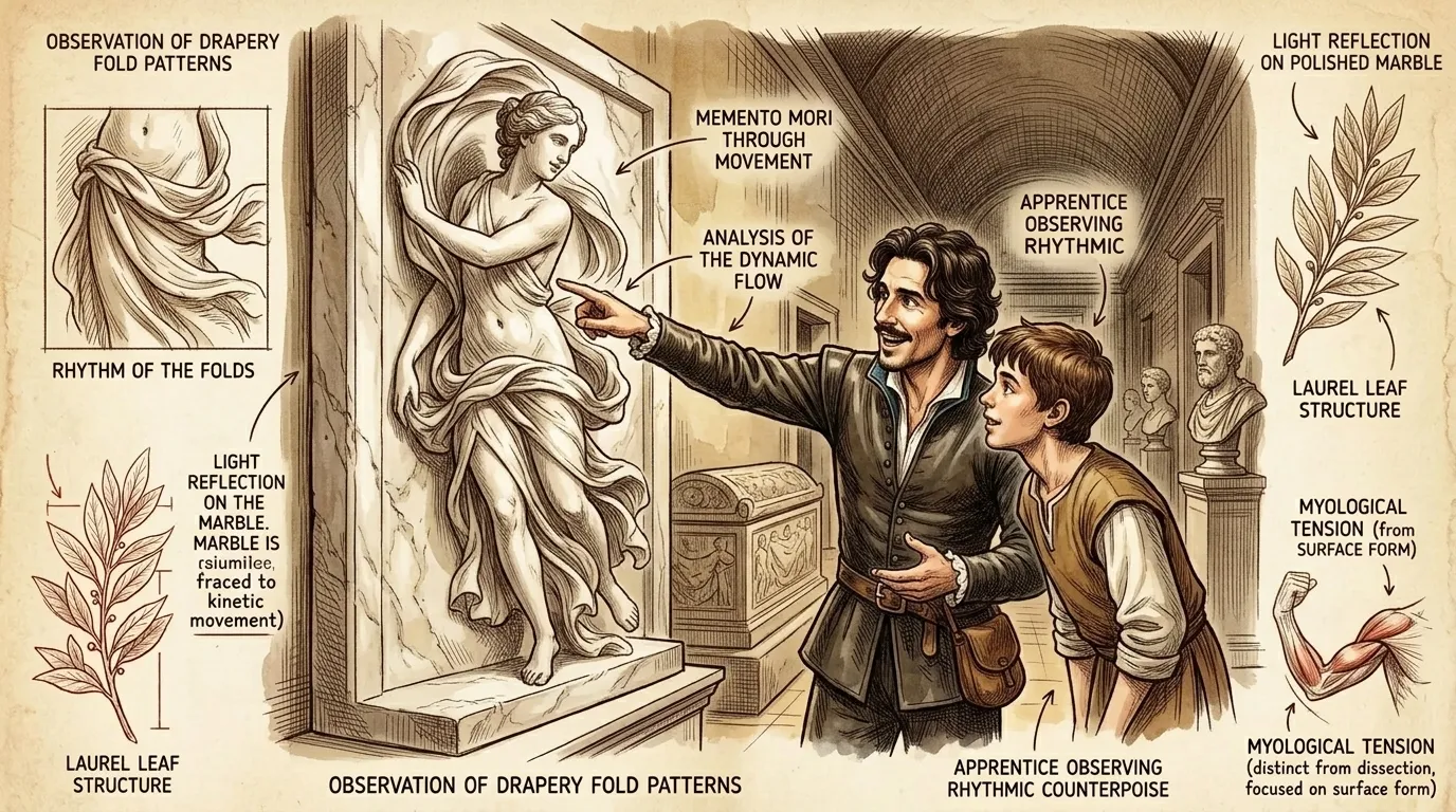 Bernini studies the works of Hellenistic sculptors, particularly their ability to capture dynamic movement and emotional intensity. Bernini studies the works of Hellenistic sculptors, particularly their ability to capture dynamic movement and emotional intensity.