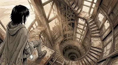 Ember descended the crumbling tower, each step a risk in the unstable structure. Her mission: to find scraps to trade for rations.