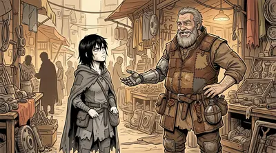 "Anything today, scraps-rat?" A gruff voice echoed from a nearby stall. Barnaby, a hulking trader with a scarred face and metallic arm, awaited her.