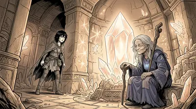 "Who's there?" A voice, weak but firm, called out. Ember rounded a corner and saw an old woman, huddled beside a glowing crystal.