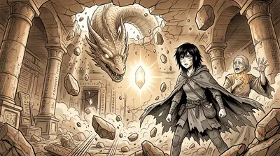 The Sky-Leviathan burst through the catacomb ceiling! Debris rained down as the monstrous creature filled the chamber. Elara cried out, "It seeks the Crystal's…