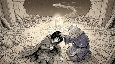 The Sky-Leviathan, weakened, retreated through the hole it had created, disappearing into the starlit sky. Ember collapsed, exhausted, beside Elara.