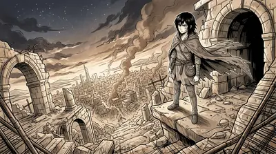 Ember stood atop the ruins of the catacombs, the Celestial Harmonizer at her side. She looked out at the shattered city, her eyes filled with determination.