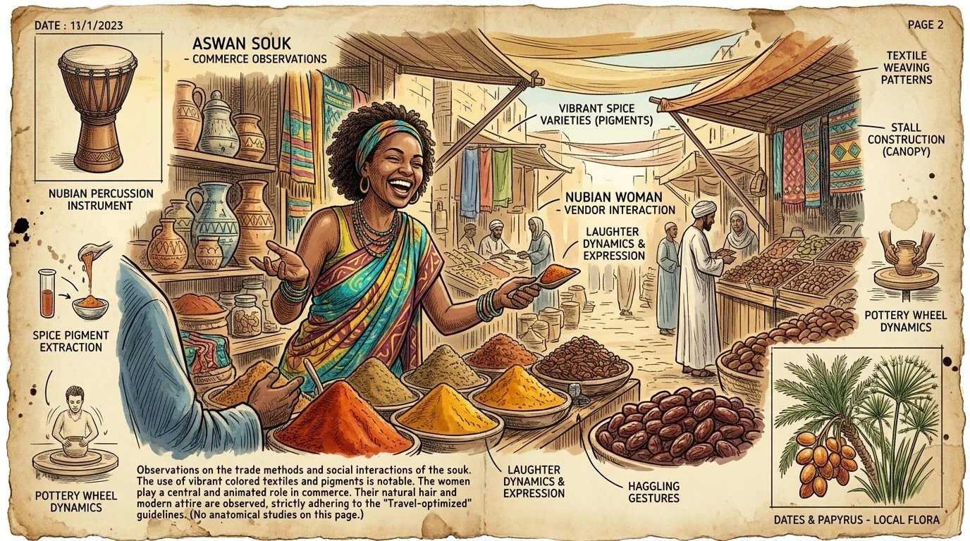 The Aswan souk bursts with color and fragrance as vendors display mounds of spices, dates, and handcrafted goods. Nubian women in brightly colored 'toubs'… The Aswan souk bursts with color and fragrance as vendors display mounds of spices, dates, and handcrafted goods. Nubian women in brightly colored 'toubs'…