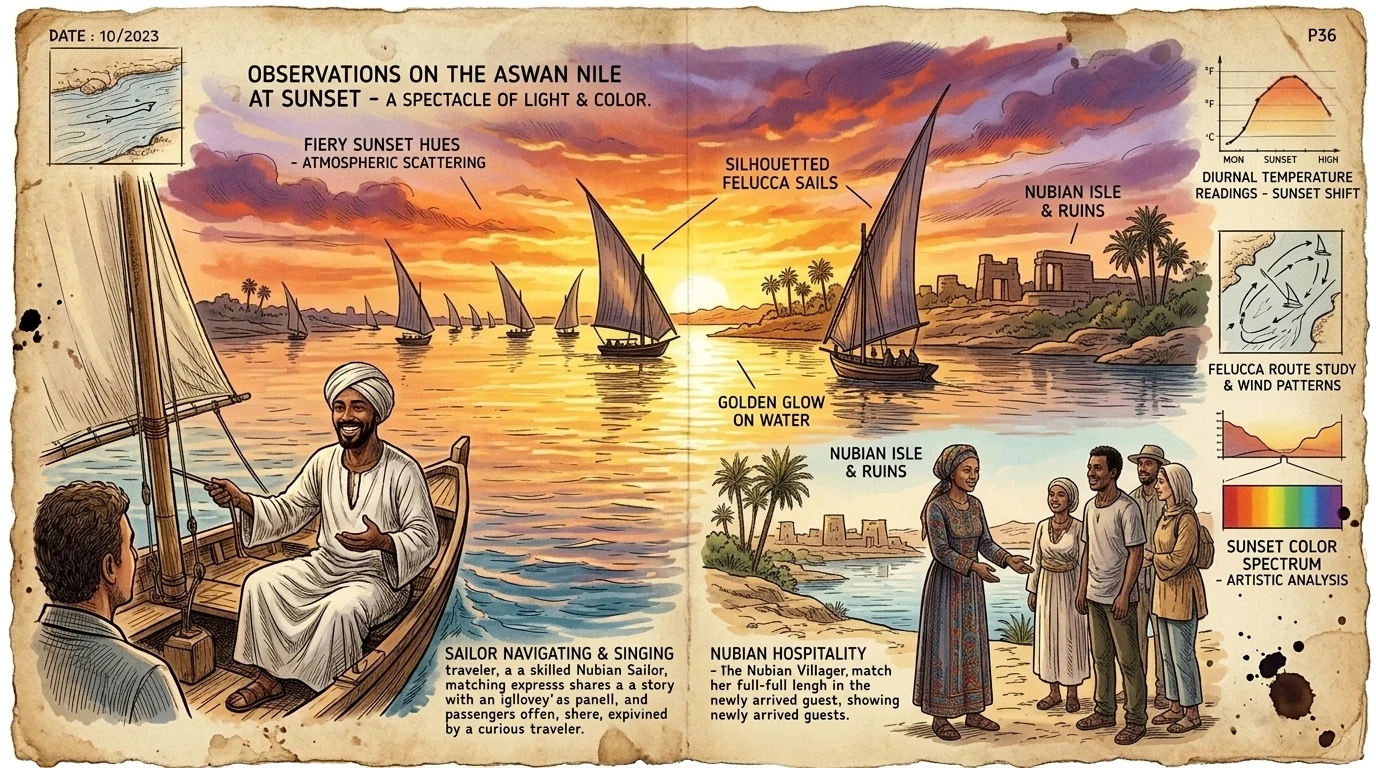 As the sun sets over the Nile, Aswan transforms into a spectacle of color and light, casting a golden glow on the water and surrounding landscape. As the sun sets over the Nile, Aswan transforms into a spectacle of color and light, casting a golden glow on the water and surrounding landscape.