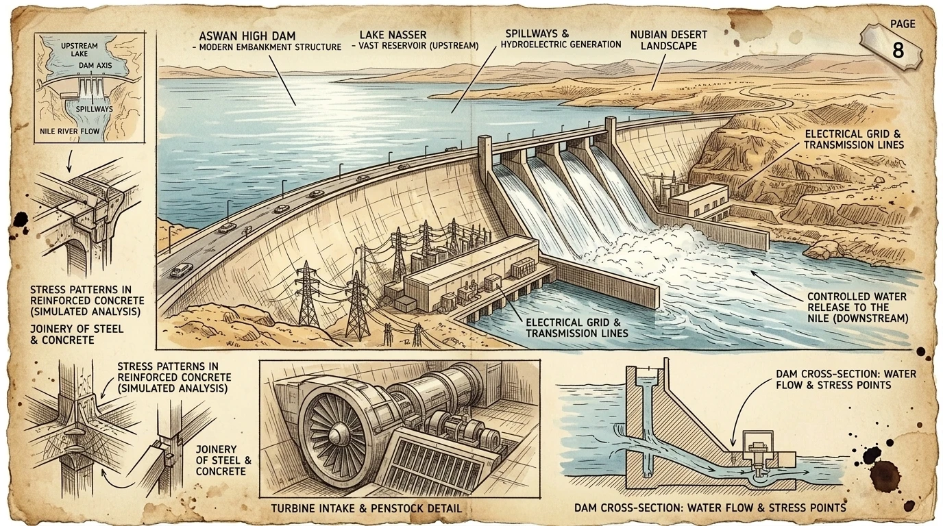 The Aswan High Dam, a modern engineering marvel, controls the Nile's flow and generates hydroelectric power for Egypt. Lake Nasser, created by the dam, is one… The Aswan High Dam, a modern engineering marvel, controls the Nile's flow and generates hydroelectric power for Egypt. Lake Nasser, created by the dam, is one…