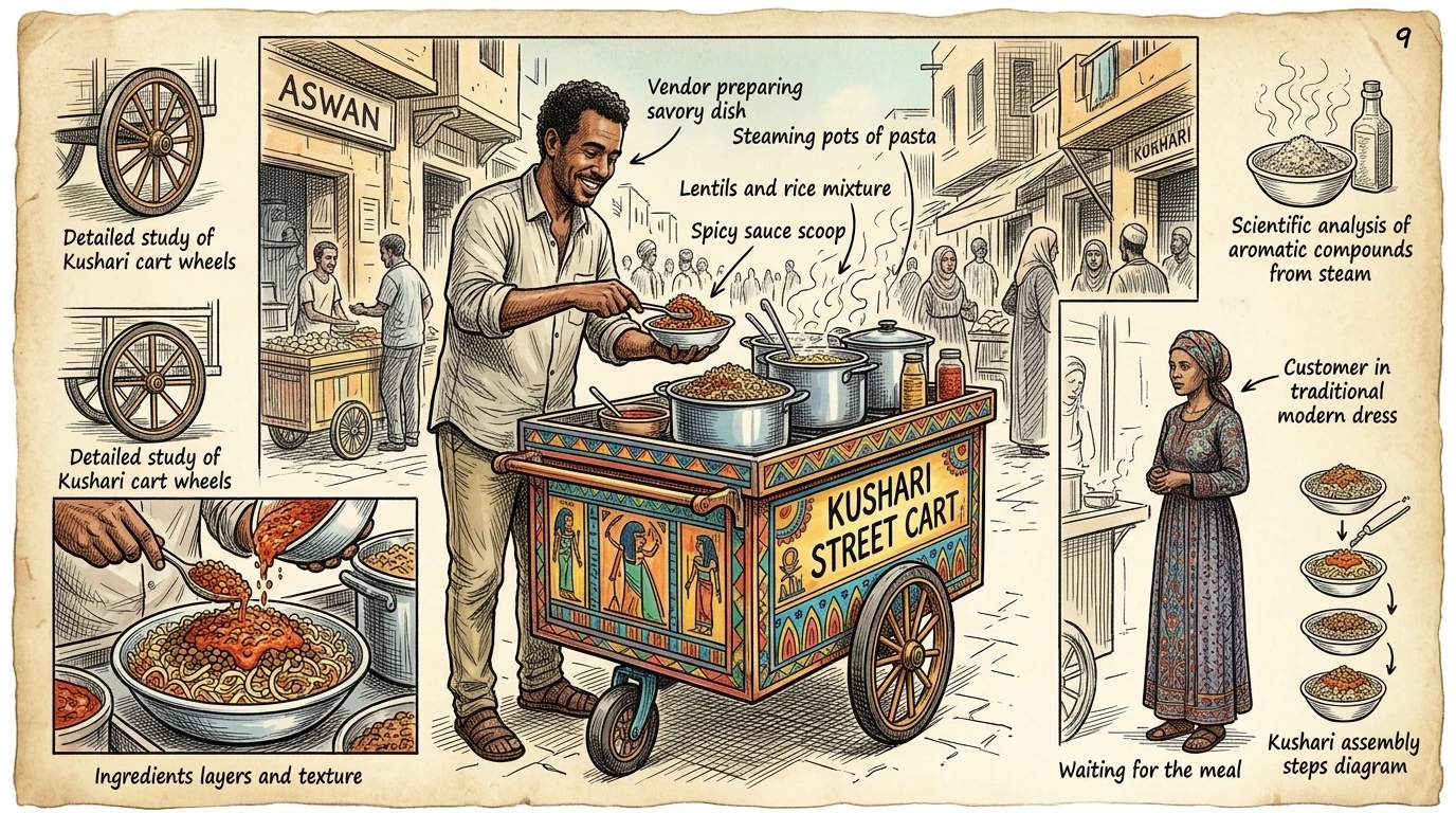 In Aswan, the aroma of Kushari, a delicious mix of pasta, rice, lentils, and spicy tomato sauce, fills the air. Street vendors serve this popular dish from… In Aswan, the aroma of Kushari, a delicious mix of pasta, rice, lentils, and spicy tomato sauce, fills the air. Street vendors serve this popular dish from…