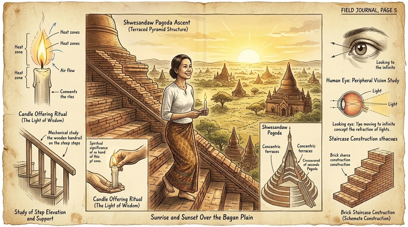 当夕阳西下,笼罩蒲甘大地时,朝圣者们登上瑞山陀佛塔,只为一睹那令人惊叹的美景。他们虔诚祈祷,点燃烛火,营造出一种宁静而神圣的氛围。 当夕阳西下,笼罩蒲甘大地时,朝圣者们登上瑞山陀佛塔,只为一睹那令人惊叹的美景。他们虔诚祈祷,点燃烛火,营造出一种宁静而神圣的氛围。