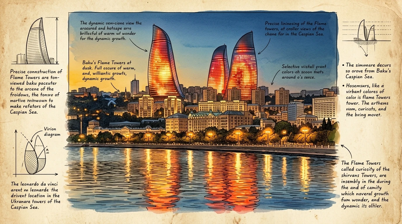 阿塞拜疆首都巴库,是一座里海边的城市,它将古老的历史与现代建筑融为一体。火焰塔是其标志性的摩天大楼,它们高耸入云,象征着这个国家的能源资源和抱负。 阿塞拜疆首都巴库,是一座里海边的城市,它将古老的历史与现代建筑融为一体。火焰塔是其标志性的摩天大楼,它们高耸入云,象征着这个国家的能源资源和抱负。
