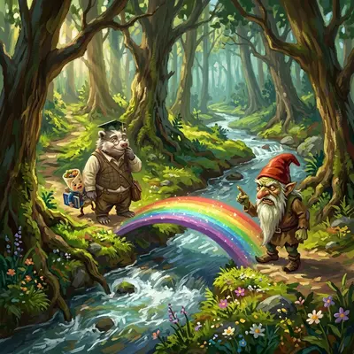 自上而下的视角。“站住！”他尖叫着，挥舞着一根细小、扭曲的手指。“要过我的桥，你必须回答我的谜语：什么东西有眼睛，却看不见？