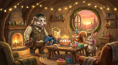 回到皮普教授舒适的洞穴里，巴里准时吹灭了生日蛋糕上的蜡烛。“谢谢你，教授！”巴里一边说，一边嚼着一块蛋糕。“这是有史以来最棒的生日！