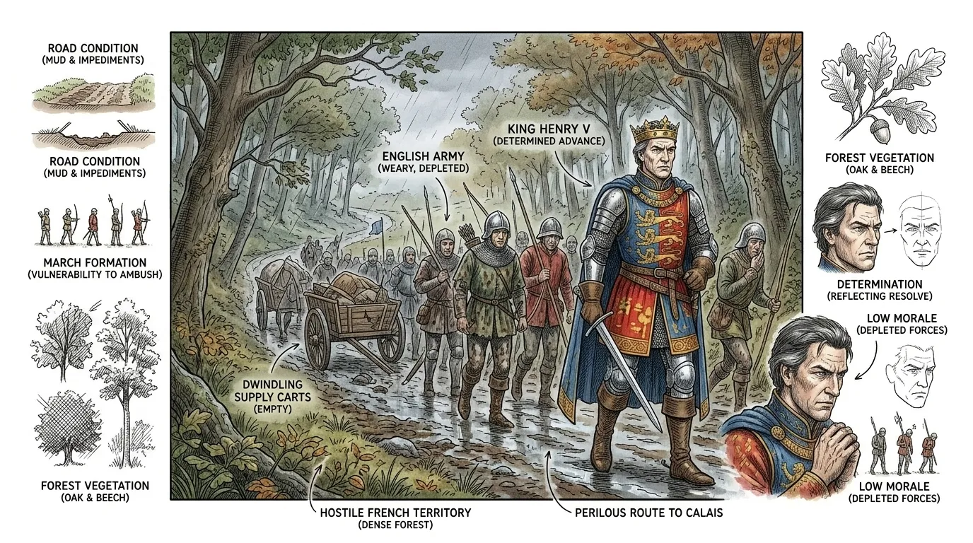 With his army depleted and the campaigning season drawing to a close, Henry V decided to march his forces to the English-held city of Calais.