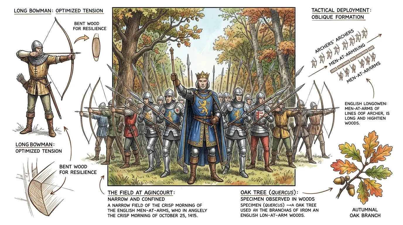 On the morning of October 25, 1415, Henry V deployed his army in a defensive position on a narrow field flanked by woods.