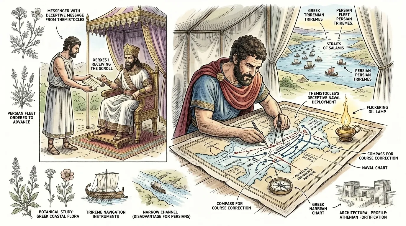 Themistocles, facing a numerically superior enemy, devised a cunning strategy. He used deception to lure the Persian fleet into the narrow straits of Salamis.