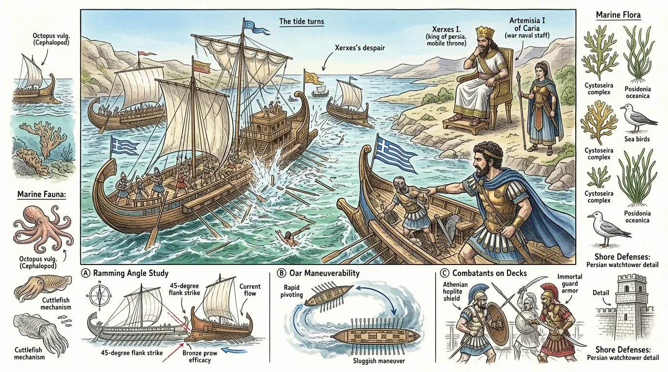 As the Persian fleet entered the straits, the Greeks launched their attack. The smaller, more agile Greek triremes rammed into the larger, less maneuverable…