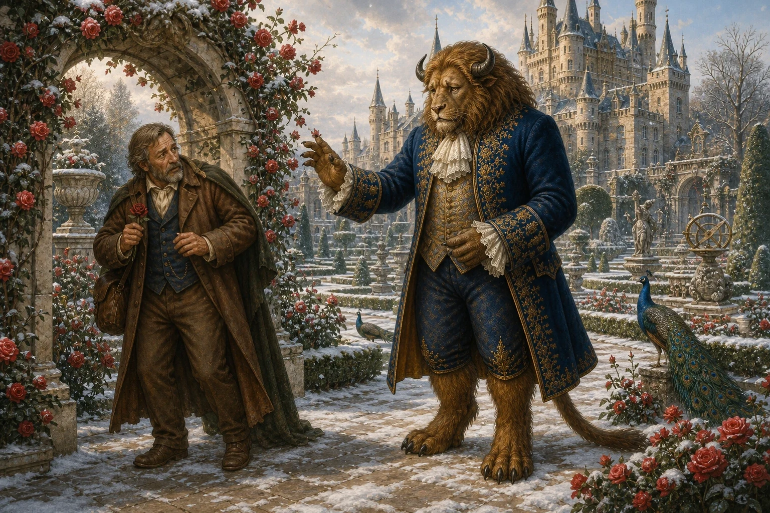 In the castle's beautiful garden, roses bloomed even in the snow, and the merchant remembered Beauty's one small wish. Surely, he thought, the kind master of… In the castle's beautiful garden, roses bloomed even in the snow, and the merchant remembered Beauty's one small wish. Surely, he thought, the kind master of…