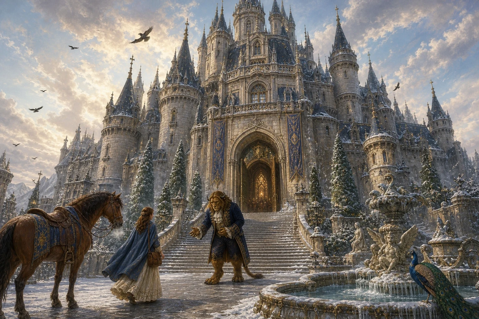 When the merchant came home and told his sorrowful tale, Beauty did not hesitate for a moment. Whatever the cost, she would not let her father pay for a rose… When the merchant came home and told his sorrowful tale, Beauty did not hesitate for a moment. Whatever the cost, she would not let her father pay for a rose…