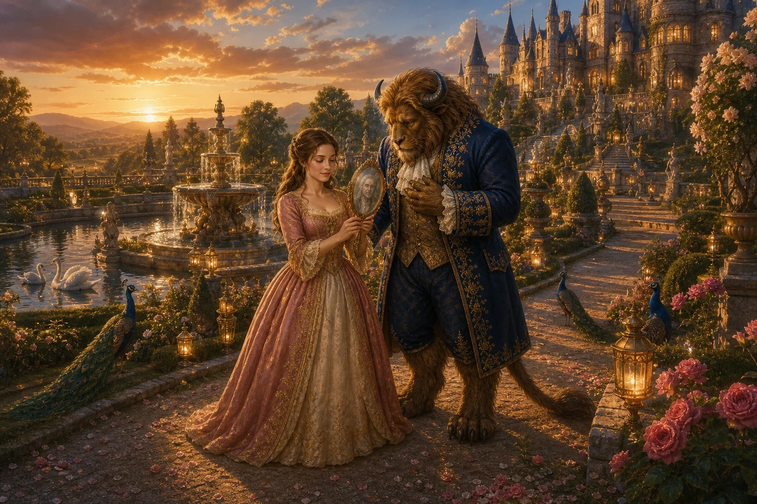 As the weeks turned to months, Beauty and the Beast walked together every evening through the castle's wonderful gardens, and a deep and gentle love grew… As the weeks turned to months, Beauty and the Beast walked together every evening through the castle's wonderful gardens, and a deep and gentle love grew…