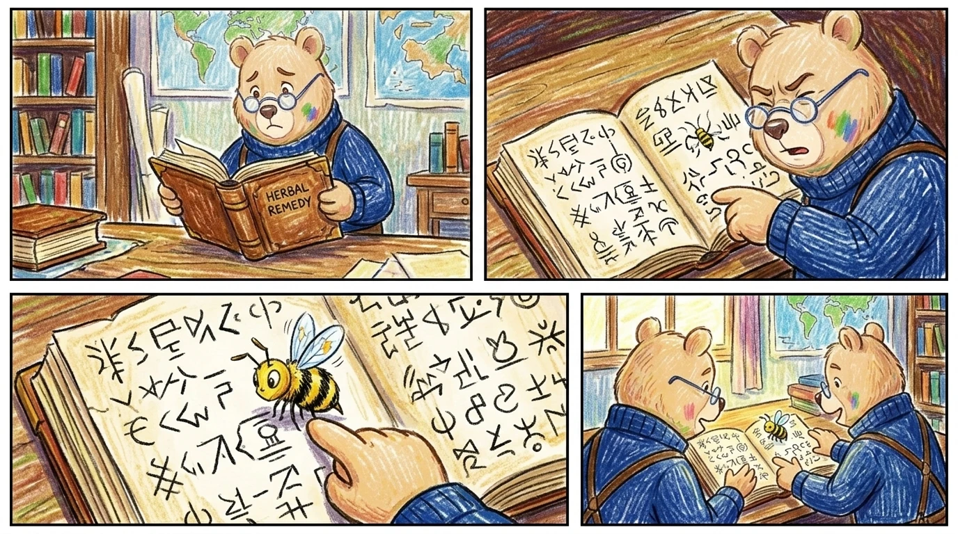 巴兹感觉到贝瑞的痛苦,焦急地嗡嗡飞向那本古老的草药书。他落在了一页布满奇怪符号的页面上。“你想要我读这个?”贝瑞问道。他眯着眼睛看那些符号。 巴兹感觉到贝瑞的痛苦,焦急地嗡嗡飞向那本古老的草药书。他落在了一页布满奇怪符号的页面上。“你想要我读这个?”贝瑞问道。他眯着眼睛看那些符号。