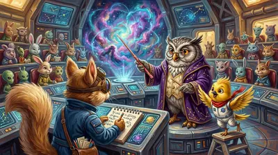 斯泰拉里斯教授，一只戴着眼镜、羽毛鼻子上的猫头鹰，轻敲着全息投影仪。“今天，我们将学习‘星云透镜’，”他叫道。皮普兴奋地跳着，叽叽喳喳地叫着。