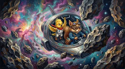 他们的小飞船“坚果导航者号”疾速驶入星云。“根据斯特拉里斯教授的笔记，我们需要找到一个‘糖粒子密度’高的区域，”浆果鼻解释道，一边轻敲着传感器面板。