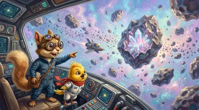 躲避着小行星，浆果鼻注意到了一些奇特的东西。“皮普，看！”他惊呼道。一块小行星上镶嵌着一个水晶结构。“这是一个‘糖晶罗盘！’”皮普叽喳道。