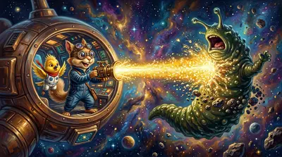莓鼻聚焦镜头。一道纯净、集中的糖能量束从“领航员”号射出，击中了太空蛞蝓。蛞蝓尖叫着退缩。“信号奏效了！”皮普喊道。莓鼻大喊：“它讨厌纯糖！