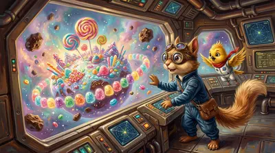沿着糖晶罗盘，他们抵达了一颗闪闪发光的糖果小行星。“糖果彗星！”皮普惊呼道，眼睛里充满了喜悦。那是一颗完全由糖果组成的彗星！