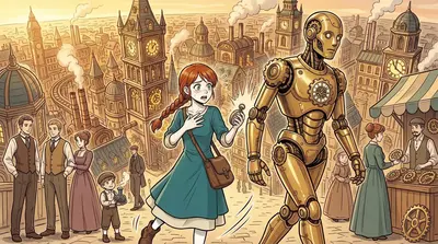 Bumping into a stern-looking automaton, Anya stammered, "My apologies, Mister... uh... Cogsworth!" The automaton, its face a mask of polished brass, simply…