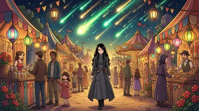 A meteor shower blazed across the sky, painting the darkness with streaks of emerald and gold. Beneath this celestial firework, a carnival flickered to…