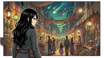 Roxanne, a young woman with eyes that mirrored the night sky, stepped into the carnival's swirling chaos. Her dark coat swirled around her, concealing a purpose…