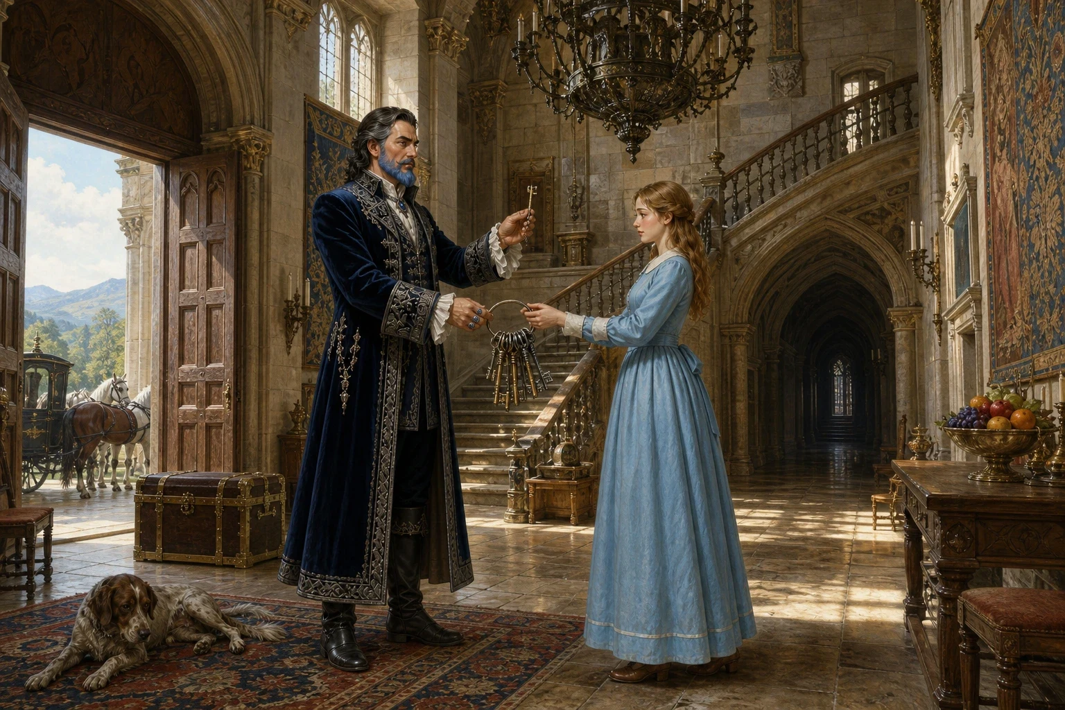 A month after the wedding, Bluebeard told his young wife that business called him away into the country for six weeks. He said she should enjoy herself while he… A month after the wedding, Bluebeard told his young wife that business called him away into the country for six weeks. He said she should enjoy herself while he…