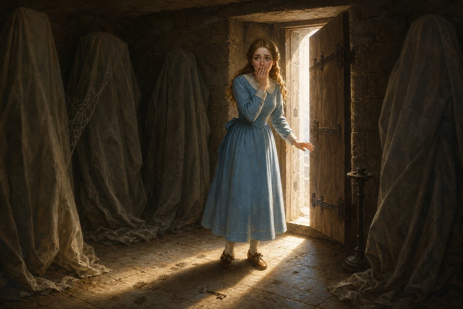 At first she could see nothing, for the closet had no window and the shutters were closed, and the only light came from the crack of the open door behind her. At first she could see nothing, for the closet had no window and the shutters were closed, and the only light came from the crack of the open door behind her.