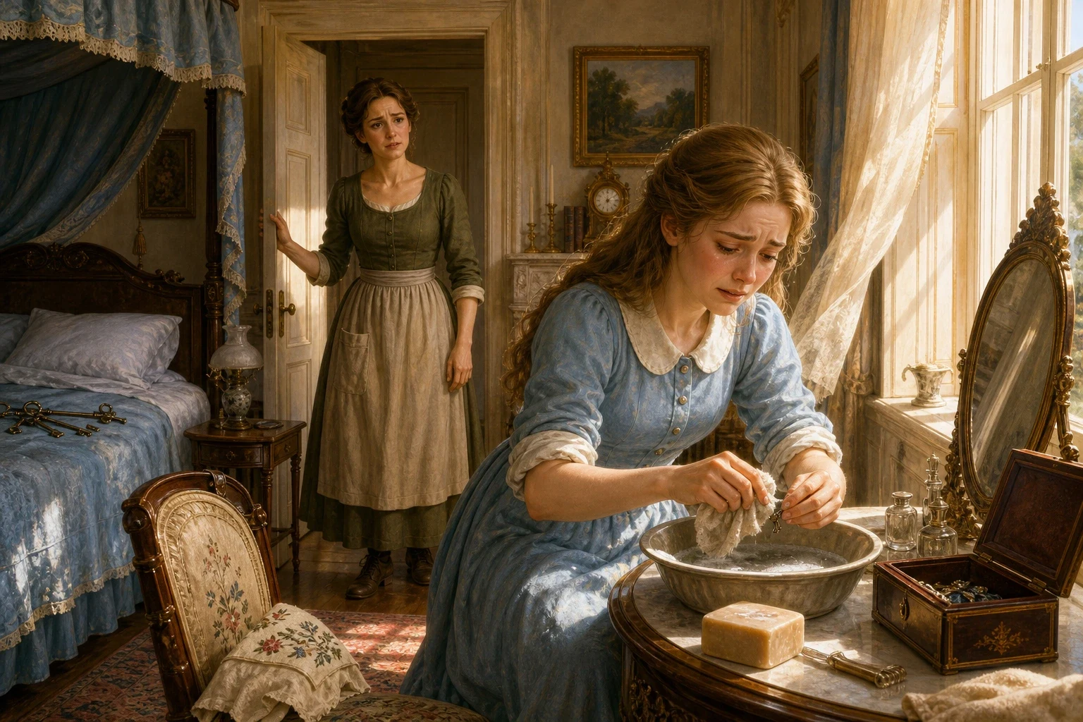 Back in her room, the wife took soap and sand and scrubbed at the little key with all her strength, trying to clean away the stain, but it would not come off… Back in her room, the wife took soap and sand and scrubbed at the little key with all her strength, trying to clean away the stain, but it would not come off…