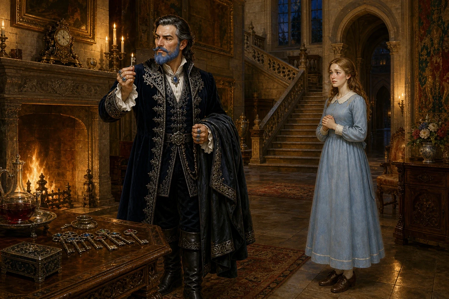 That very evening, Bluebeard returned home, saying he had received letters on the road telling him his business was settled, and so he had come back early. That very evening, Bluebeard returned home, saying he had received letters on the road telling him his business was settled, and so he had come back early.