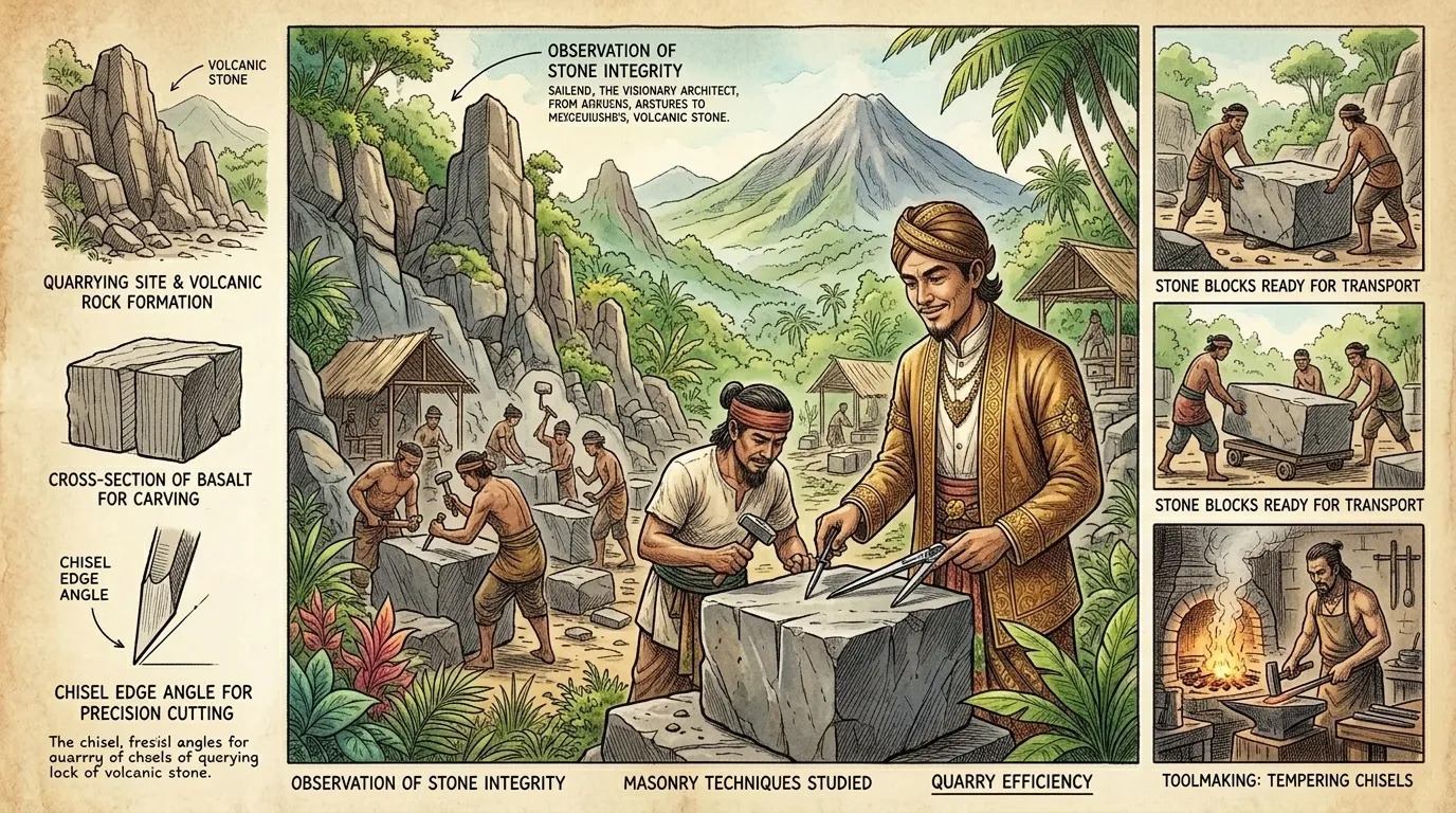 工匠们一丝不苟地从周围环境中开采火山石,精确而细致地塑造每一块石头。夏连德监督着整个过程,确保每一块石头都符合他的宏伟设计。 工匠们一丝不苟地从周围环境中开采火山石,精确而细致地塑造每一块石头。夏连德监督着整个过程,确保每一块石头都符合他的宏伟设计。