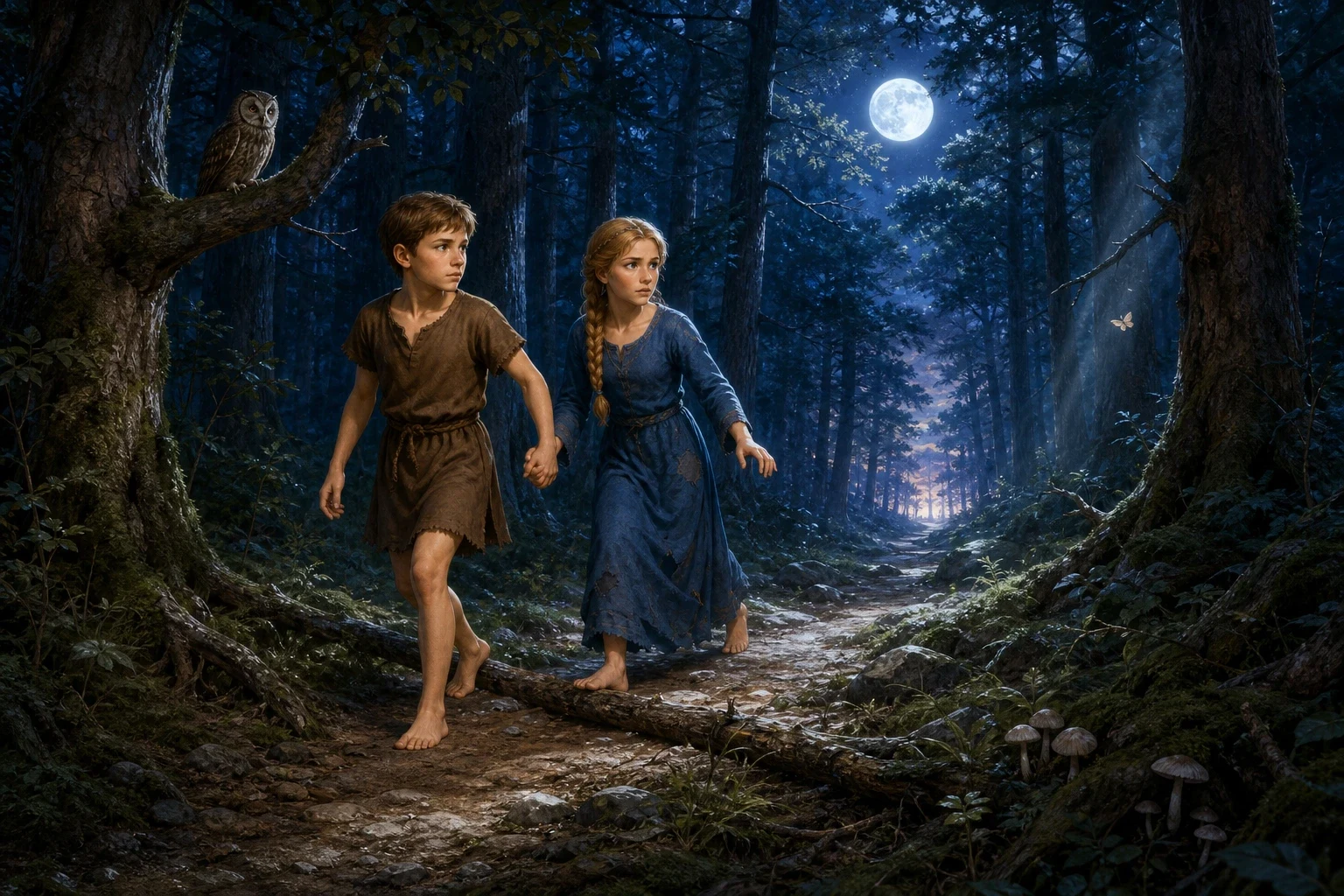 All night long the brother and sister walked deeper into the forest, following whatever path they could find in the darkness. All night long the brother and sister walked deeper into the forest, following whatever path they could find in the darkness.
