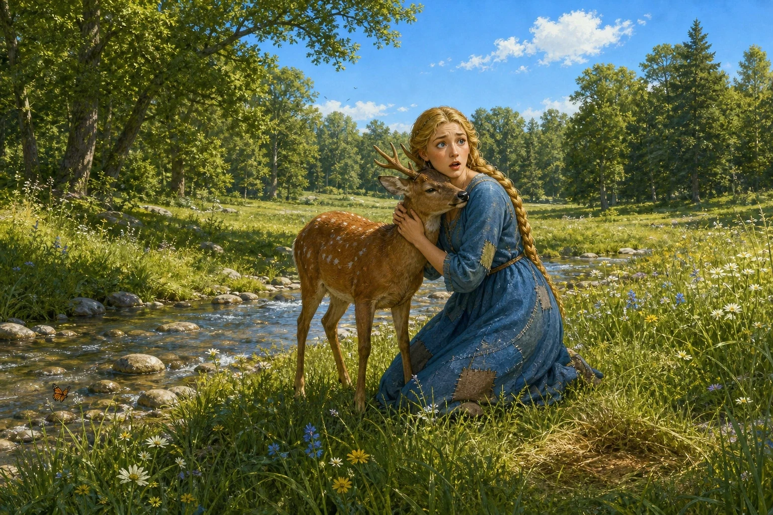 At last they came to a third stream, running swift and bright across an open sunny clearing. The brother could bear his thirst no longer. At last they came to a third stream, running swift and bright across an open sunny clearing. The brother could bear his thirst no longer.