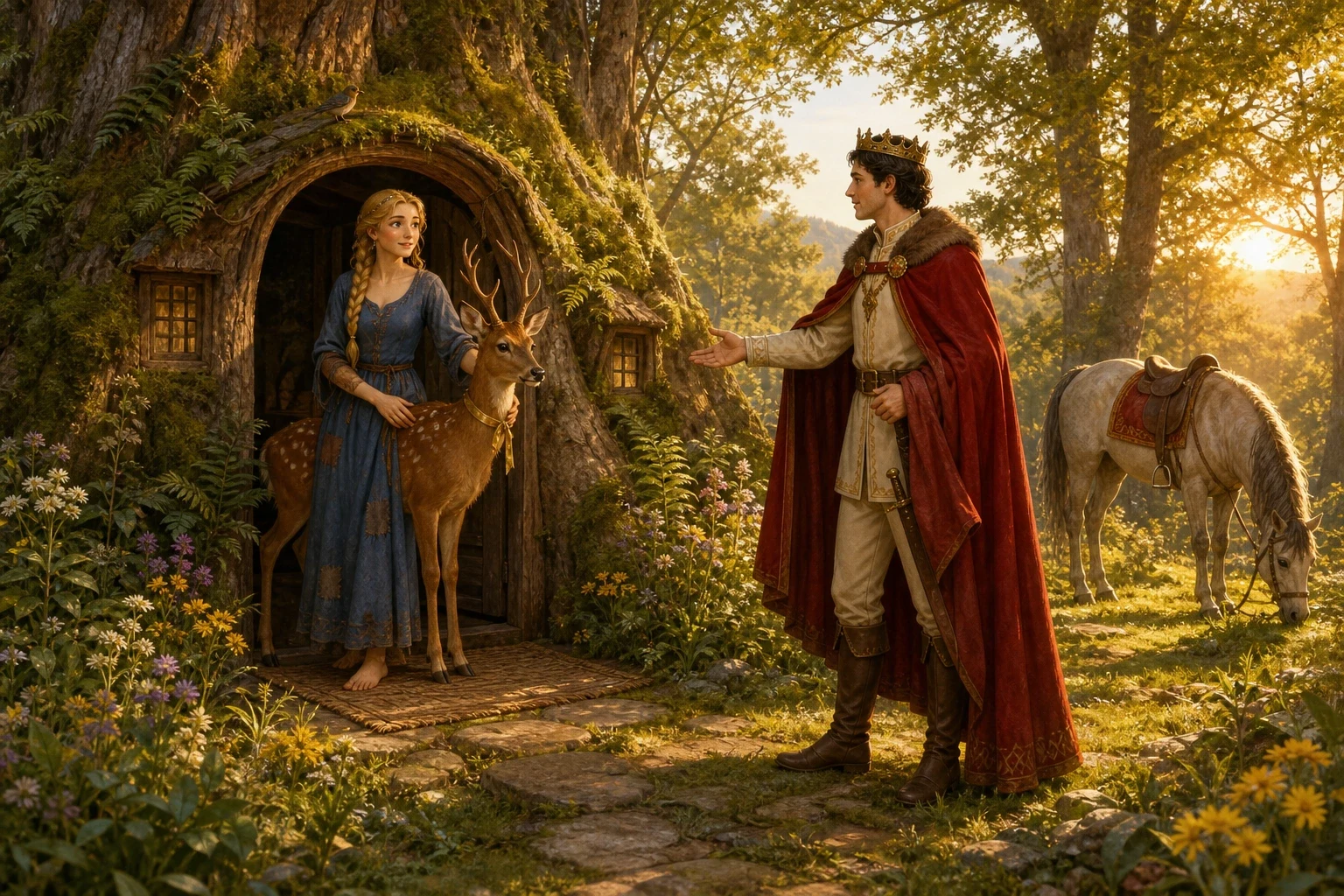 The king followed the deer's trail all the way to the little hollow tree, and there, standing in the doorway with her arms thrown with relief around the roe… The king followed the deer's trail all the way to the little hollow tree, and there, standing in the doorway with her arms thrown with relief around the roe…